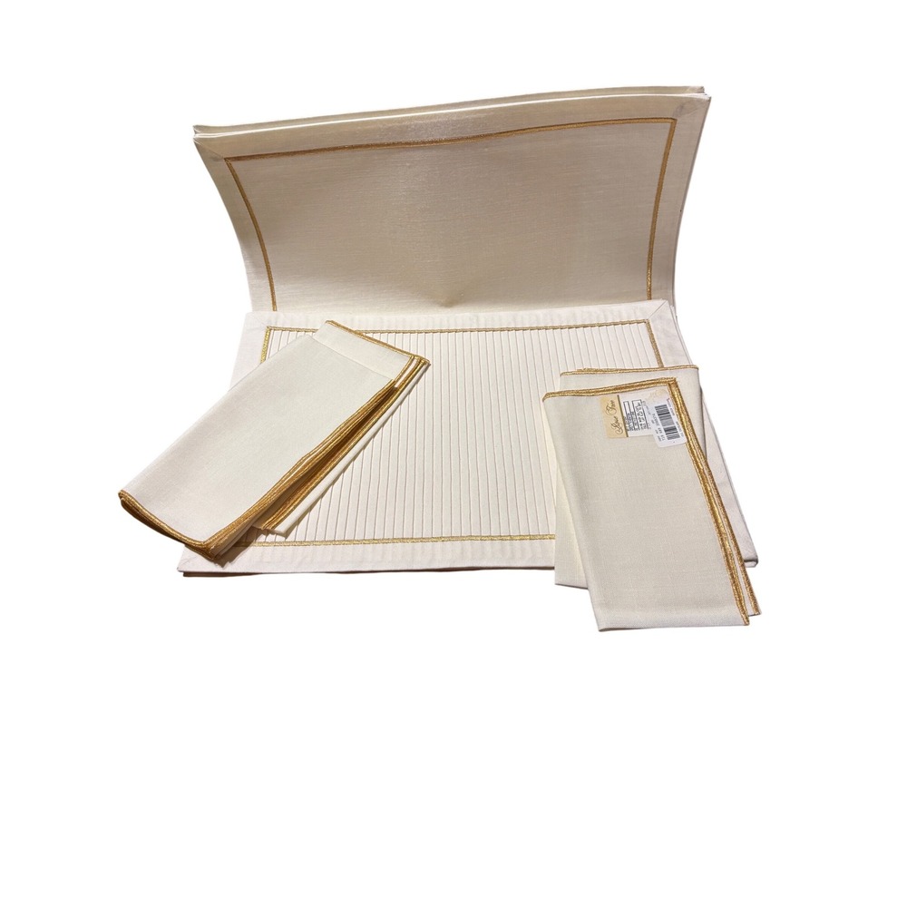 Rose Tree Placemats & Napkins Set, Gold Embroidered Trim, Dinner Table